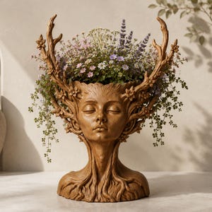 Peut inclure: Un pot de fleurs en résine brune en forme de tête humaine aux yeux fermés, avec des textures rappelant l'écorce d'arbre et des branches s'étendant vers le haut comme des bois. Il est rempli de petites fleurs blanches, roses et violettes.