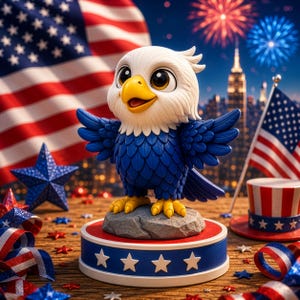 May include: A stylized bald eagle figurine with white head feathers, a yellow beak, and blue body feathers, standing on a gray rock base atop a circular red, white, and blue platform decorated with white stars, surrounded by patriotic decor.