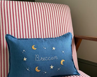 Personalised Embroidered Linen Cushion | Custom Name Pillow | Handmade Celestial Cushion | Personalised Gift | Nursery Decor | Baby Gift