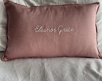 Personalised Handmade Embroidered Linen Cushion – Custom Name Pillow
