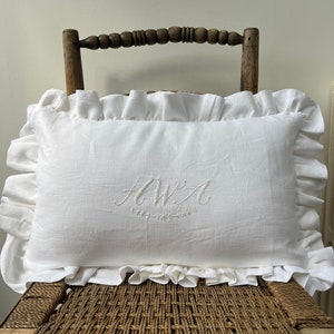 Personalised Handmade Embroidered Linen Cushion With Ruffle – Custom Initial/Monogram Pillow