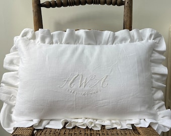 Personalised Handmade Embroidered Linen Cushion With Ruffle – Custom Initial/Monogram Pillow