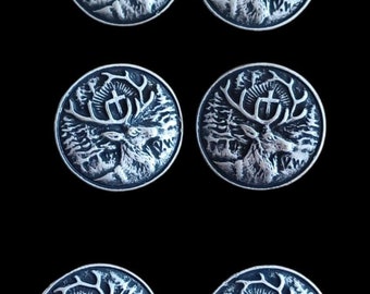 6 colore argento antico Bottoni per costumi tradizionali in metallo misura 22 mm "Cervo nella foresta", Oktoberfest, bottoni per costumi in metallo 11225302307