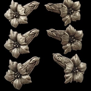 Könnte beinhalten: Sechs silberfarbene Metall-Blumenanhänger mit detailliertem Design. Jeder Anhänger zeigt eine stilisierte Blume mit einer trompetenförmigen Blüte und Blättern.