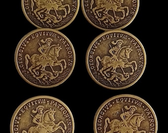 May include: Six antique brass buttons featuring a raised image of a knight on horseback slaying a dragon. The buttons are inscribed with the text "S.GEORGIVS.EQVITVM.PATRONYS".