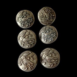 Könnte beinhalten: Sechs silberfarbene Knöpfe mit einem erhabenen Design von Vögeln auf einem Ast. Die Knöpfe sind rund und haben eine glatte, polierte Oberfläche.