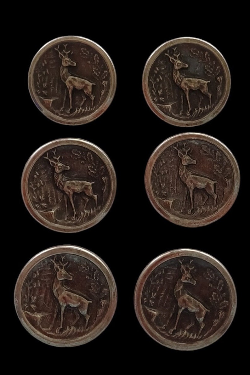6 antique silver-coloured traditional metal buttons, size 17-22 mm deer in the forest, Oktoberfest, metal traditional buttons 11222620 23mm