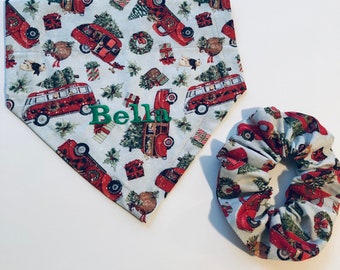 Christmas bandanas, red plaid, buffalo red truck Personalized Dog Bandana and Scrunchie to match,  nice  stocking stuffer, Dog bandana