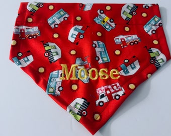 Camping RV campsite dog bandana,   cotton fabric Dog Bandana, summer scarf, Dog lovers gift, slides through    the Collar, personalized.