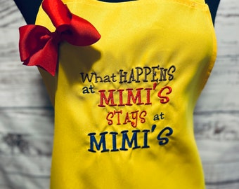 Embroidery Yellow Kitchen Apron, custom saying,Restaurant, Mother's Day, birthday gift, What Happens at Mimi’s! Personalized monogram