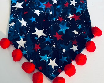 Personalized Dog Bandana, July 4th, Navy blue with stars with red Pom poms, Dog Bandana, small and medium