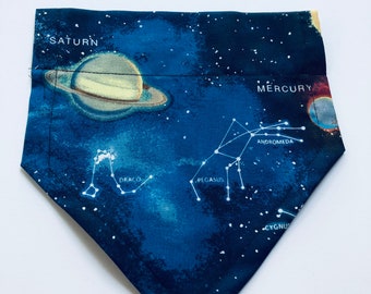 Mars  astronomy blue sky cotton fabric,  Dog Bandana, summer scarf, Dog lovers gift, Free Monogram, slides over the Collar.