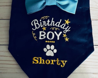 Birthday Boy Party dog bandana, new puppy birthday bandana, Photo shoot prop pets birthday, slides through the collar, Pets birthday party