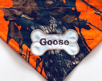 Personalized Orange Mossy Oak Camo Dog Bandana - Hunting Pet Collar, slides over the dog collar.