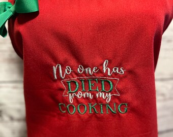 Embroidery Kitchen Apron, custom saying, Restaurant, Mother's Day, birthday gift, no one died from my cooking! Personalized monogram