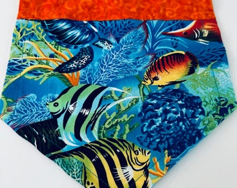 Fish and turtles ocean dog bandana,   cotton fabric Dog Bandana, summer scarf, Dog lovers gift, slides through    the Collar, personalized.