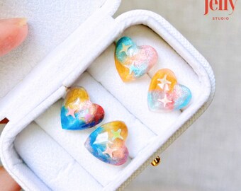 Rainbow Heart Resin Earrings, Handmade Heart Unique Anniversary Beautiful Jewelry Gift for her, Multicoloured Geometric Lightweight Earrings