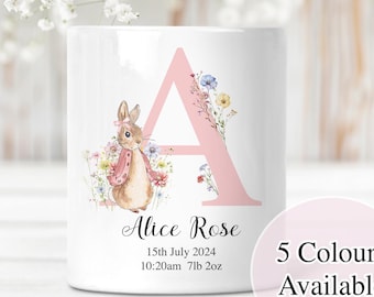 Personalised Baby Initial Keepsake Money Box Flopsy & Peter Rabbit Design Boy Girl Christening Birthday New Parent Gift Nursery Easter Bunny