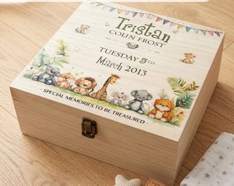 Cadeau personnalisé pour nouveau-né, boîte souvenir bébé animal de safari, boîte à souvenirs en bois pour nouveau-né garçon ou fille, cadeau prénom personnalisé Royaume-Uni