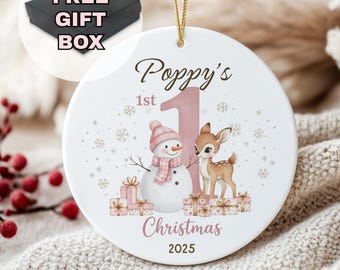 Décorations roses personnalisées pour le premier Noël de bébé fille, 1er souvenir de Noël de bébé, cadeau pour les nouveaux parents, décoration d'arbre de Noël, décoration de chambre d'enfant de Noël