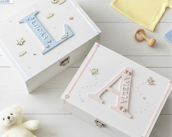 Baby Boy Girl Initial Large White Pine Wooden Keepsake Box New Parents Birthday Christening Gift Custom First X'mas Newborn Memory Box