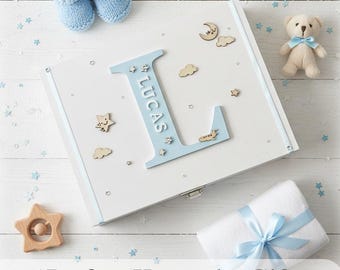 Boîte souvenir de bébé initiale personnalisée, boîte à souvenirs en bois de pin blanc pour garçons filles, cadeau de bébé avec prénom personnalisé pour tout-petit