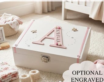 Personalised Christening Gift, Initial Baby Keepsake Box, White Pine Wooden Memory Box for Baptism, Custom Name Baby Gift For Boy or Girl