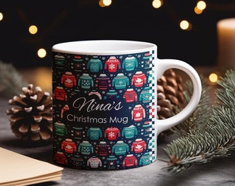Mug de Noël personnalisé avec pull de Noël mignon, nom personnalisé, tasse de thé de Noël, tasse de Noël personnalisée, bas de Noël, cadeau de Noël, cadeau de Noël personnalisé