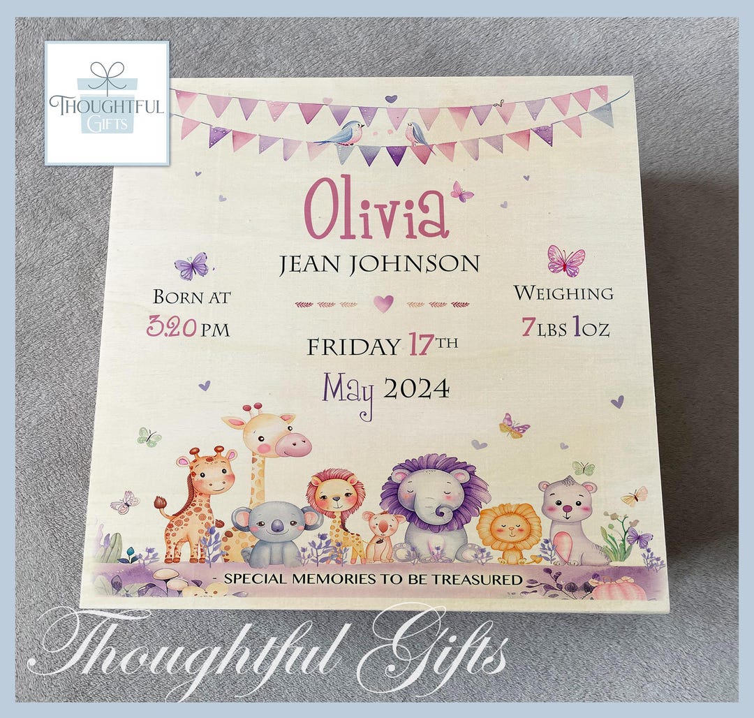 Large Safari Animal Personalised Baby Girls Pink Wooden Keepsake Box ...