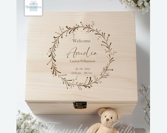 Grande boîte à souvenirs personnalisée en bois gravée pour bébé pour garçon, fille, nouveau-né, souvenir, souvenir, cadeau de baptême unique pour maman, nouveau parent