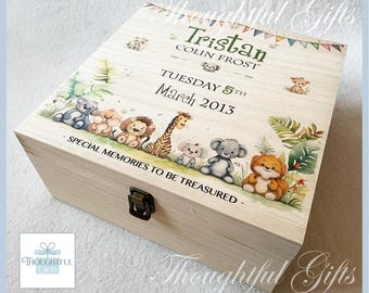 Grand animal de safari personnalisé bébé garçons filles boîte souvenir en bois nouveaux parents nouveau-né bébé boîte mémoire bambin anniversaire cadeau de baptême