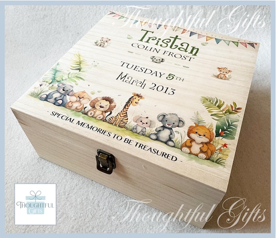 Large Safari Animal Personalised Baby Boys Girls Wooden Keepsake Box New Parents Newborn Baby Memory Box Toddler Birthday Christening Gift