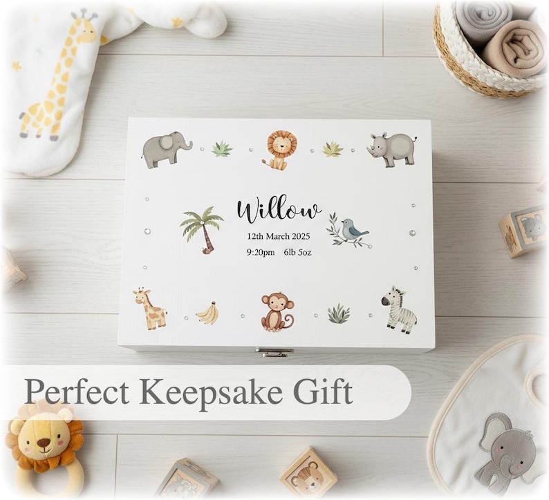 Large Safari Animal Personalised Baby Boys Girls White Wooden Keepsake ...