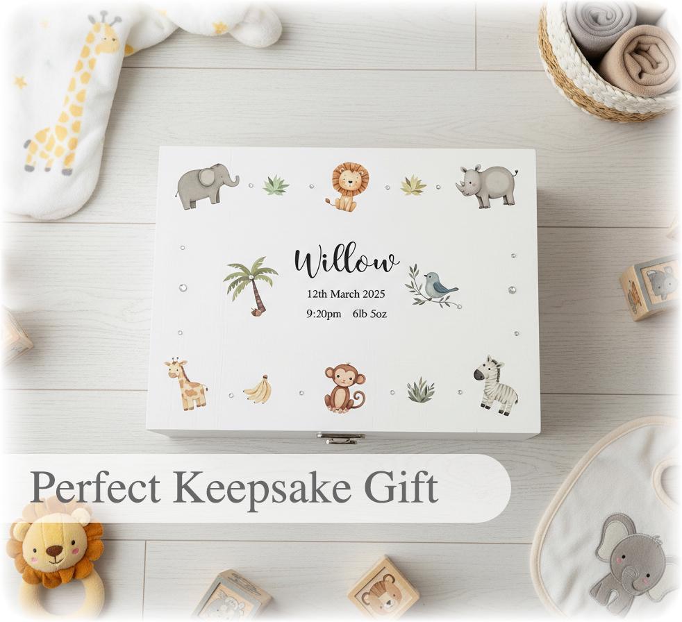 Large Safari Animal Personalised Baby Boys Girls White Wooden Keepsake ...
