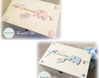 Grande boîte souvenir personnalisée en bois pour bébé garçon fille, jumeaux, éléphant, cadeau pour les nouveaux parents, boîte souvenir personnalisée faite main pour nouveau-né, cadeau de baptême