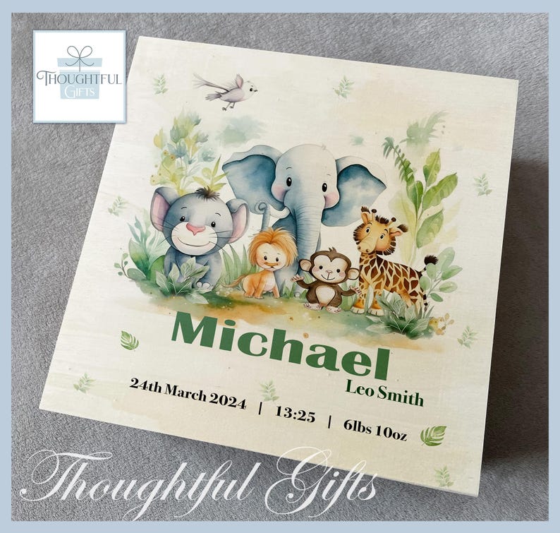 Large Safari Animal Personalised Baby Boys Girls Wooden Keepsake Box ...