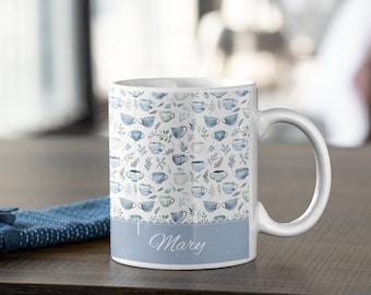 Mug motif tasse à thé bleuet personnalisé nom personnalisé bleu violet aquarelle cottagecore tasse à café cadeau de demoiselle d'honneur cadeau d'anniversaire pour elle