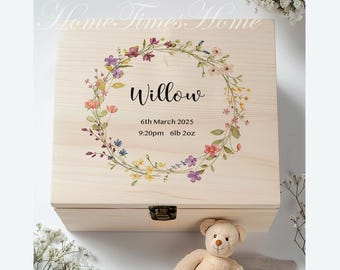 Couronne de fleurs sauvages, boîte souvenir en bois personnalisée pour bébés filles, nouveaux parents, boîte à souvenirs pour nouveau-né, cadeau de baptême d'anniversaire pour tout-petits
