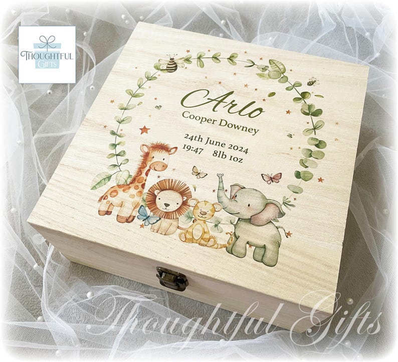 Large Safari Animal Personalised Baby Boys Girls Wooden Keepsake Box ...