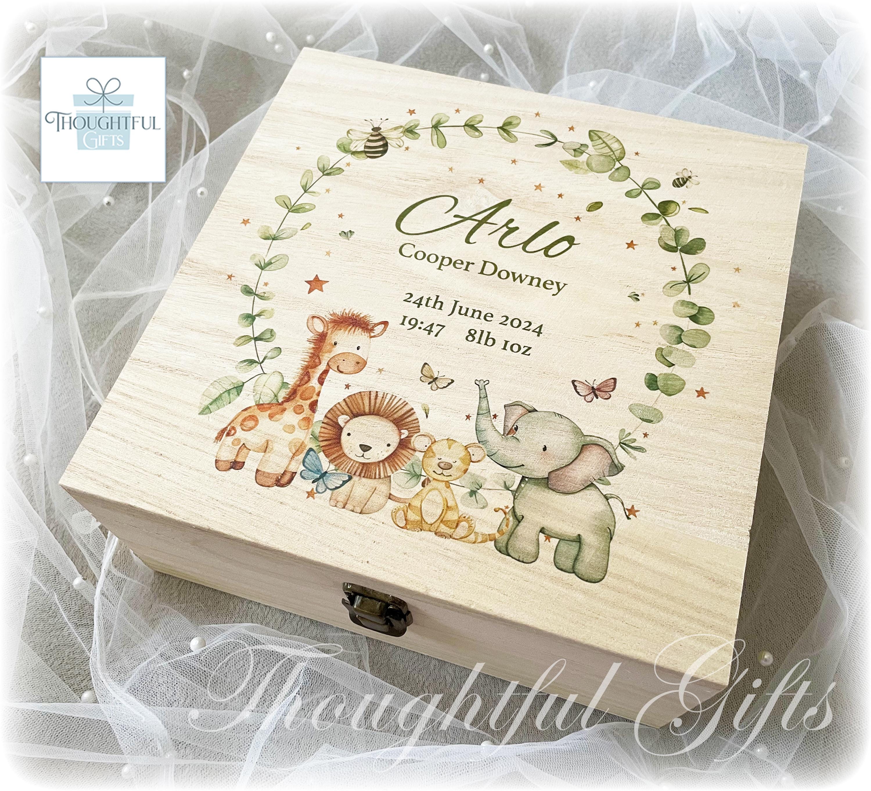 Large Safari Animal Personalised Baby Boys Girls Wooden Keepsake Box ...