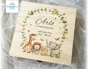 Grand animal de safari personnalisé bébé garçons filles boîte souvenir en bois nouveaux parents nouveau-né bébé boîte mémoire bambin anniversaire cadeau de baptême
