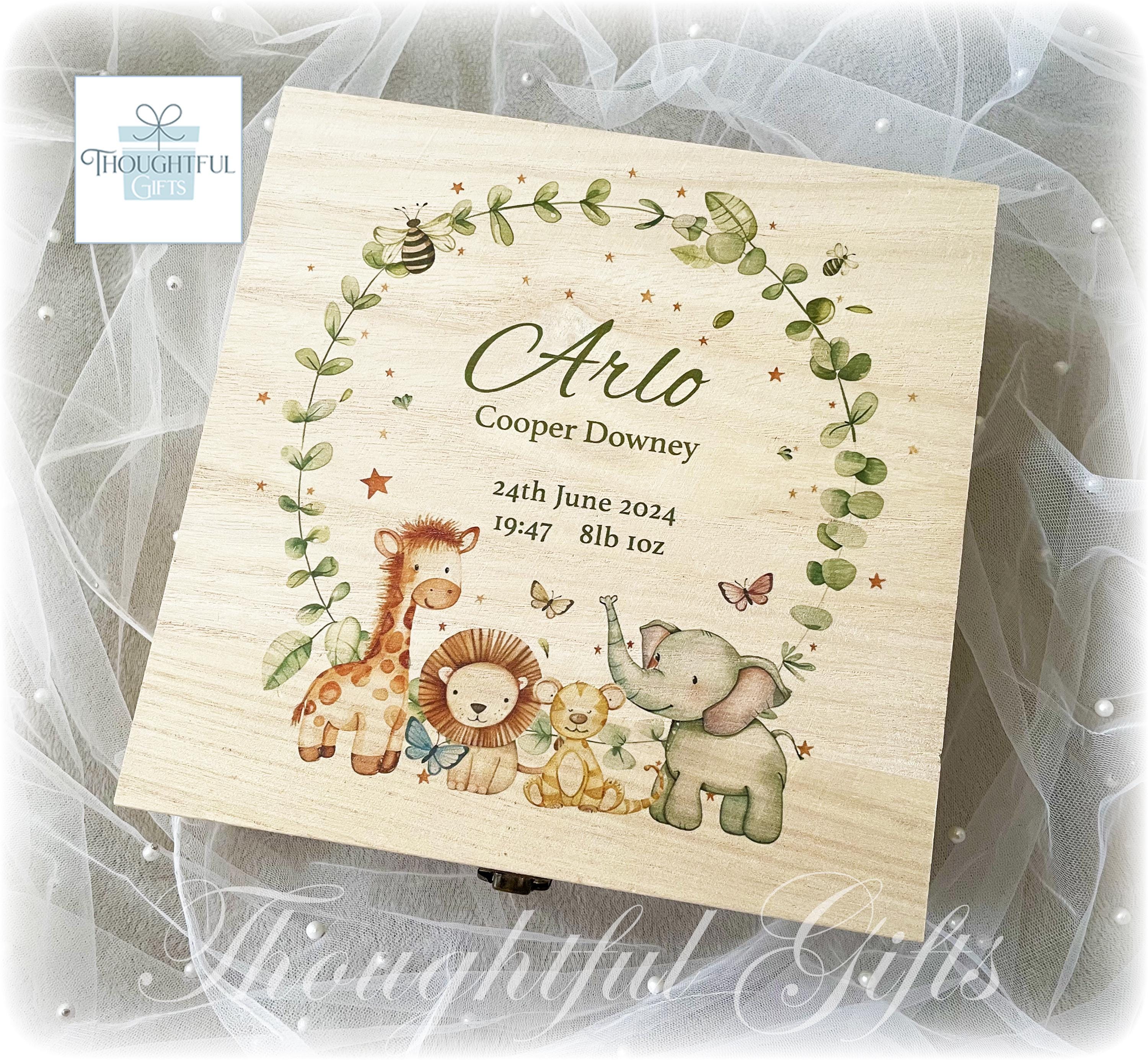 Large Safari Animal Personalised Baby Boys Girls Wooden Keepsake Box ...