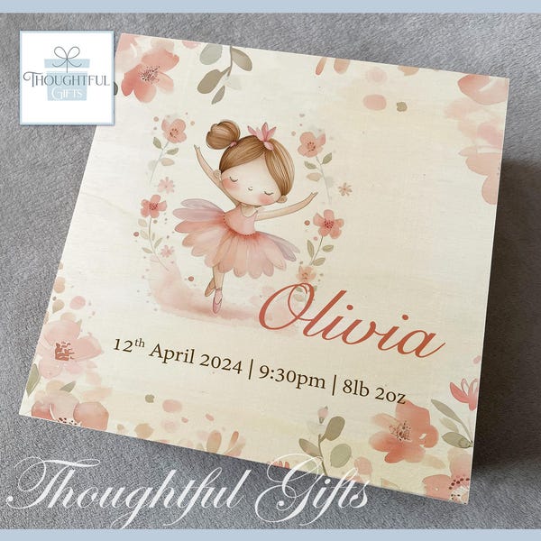Large Ballerina Personalised Birth Details Baby Girl Wooden Memory Box Birthday Christening Gift For New Parents Newborn Baby Keepsake Box