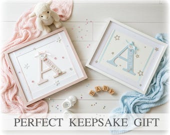 Cadre photo souvenir pour bébé, personnalisé avec initiale en bois, cadeau de naissance pour bébé (fille ou garçon), décoration rose et bleue pour chambre d'enfant