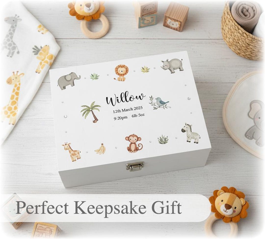 Large Safari Animal Personalised Baby Boys Girls White Wooden Keepsake ...