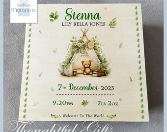 Grand ours en peluche vert à feuilles personnalisées Boîte à souvenirs en bois pour bébés filles Nouveaux parents Boîte à souvenirs pour nouveau-né pour bébé, Cadeau d'anniversaire pour baptême