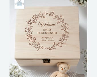Grande boîte à souvenirs personnalisée en bois gravée pour bébé pour garçon fille nouveau-né souvenir nouveau parent maman baptême enfants anniversaire cadeau de Noël