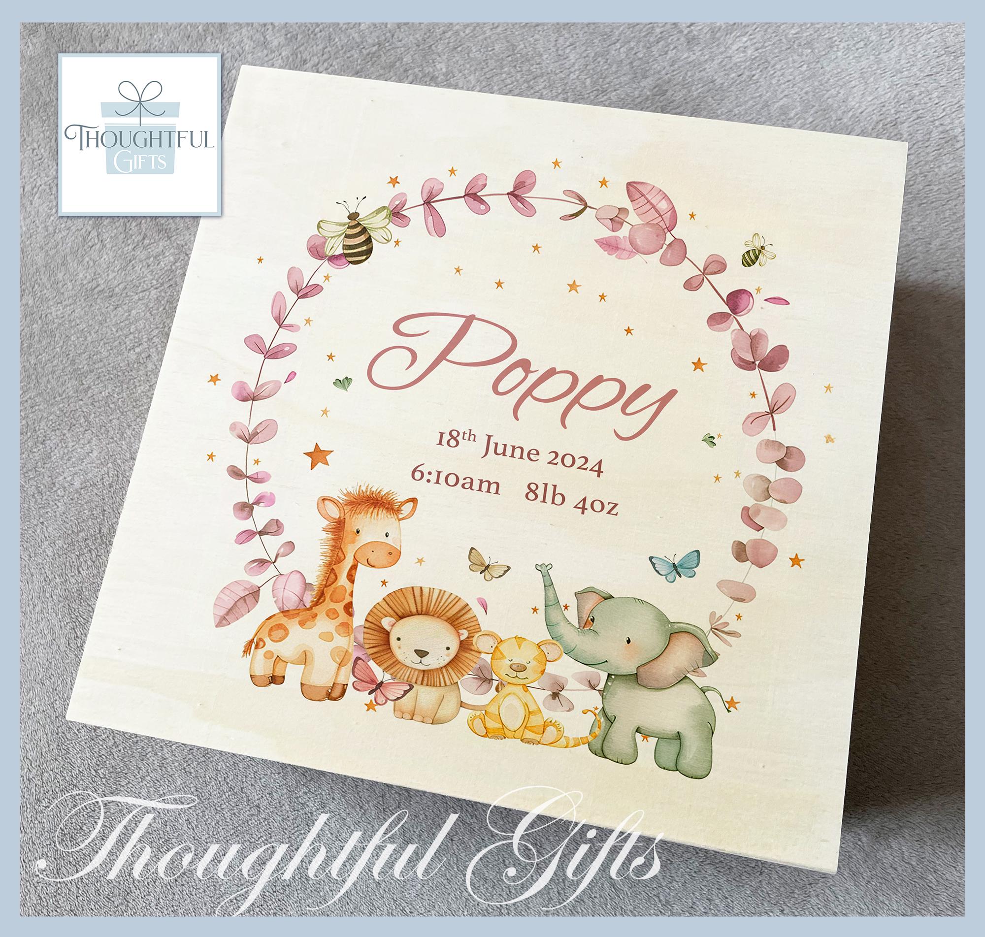 Large Safari Animal Personalised Baby Boys Girls Wooden Keepsake Box ...