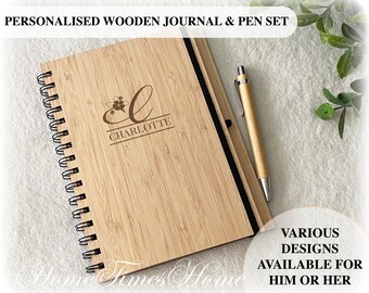 Cahier de notes A5 personnalisé respectueux de l'environnement en bambou, journal et stylo gravés en bambou, agenda vierge avec lignes personnalisées, cadeau de papeterie pour elle et lui