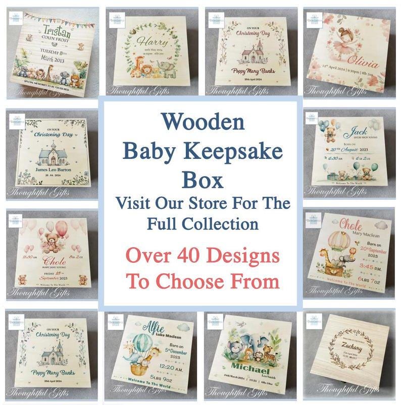 Peut inclure: Bo&icirc;tes &agrave; souvenirs en bois pour b&eacute;b&eacute;s, avec des designs vari&eacute;s et des d&eacute;tails personnalis&eacute;s. Les bo&icirc;tes pr&eacute;sentent des noms, des dates et des illustrations d'animaux et de ballons. Le texte comprend "Jour de bapt&ecirc;me" et "Bienvenue au monde".